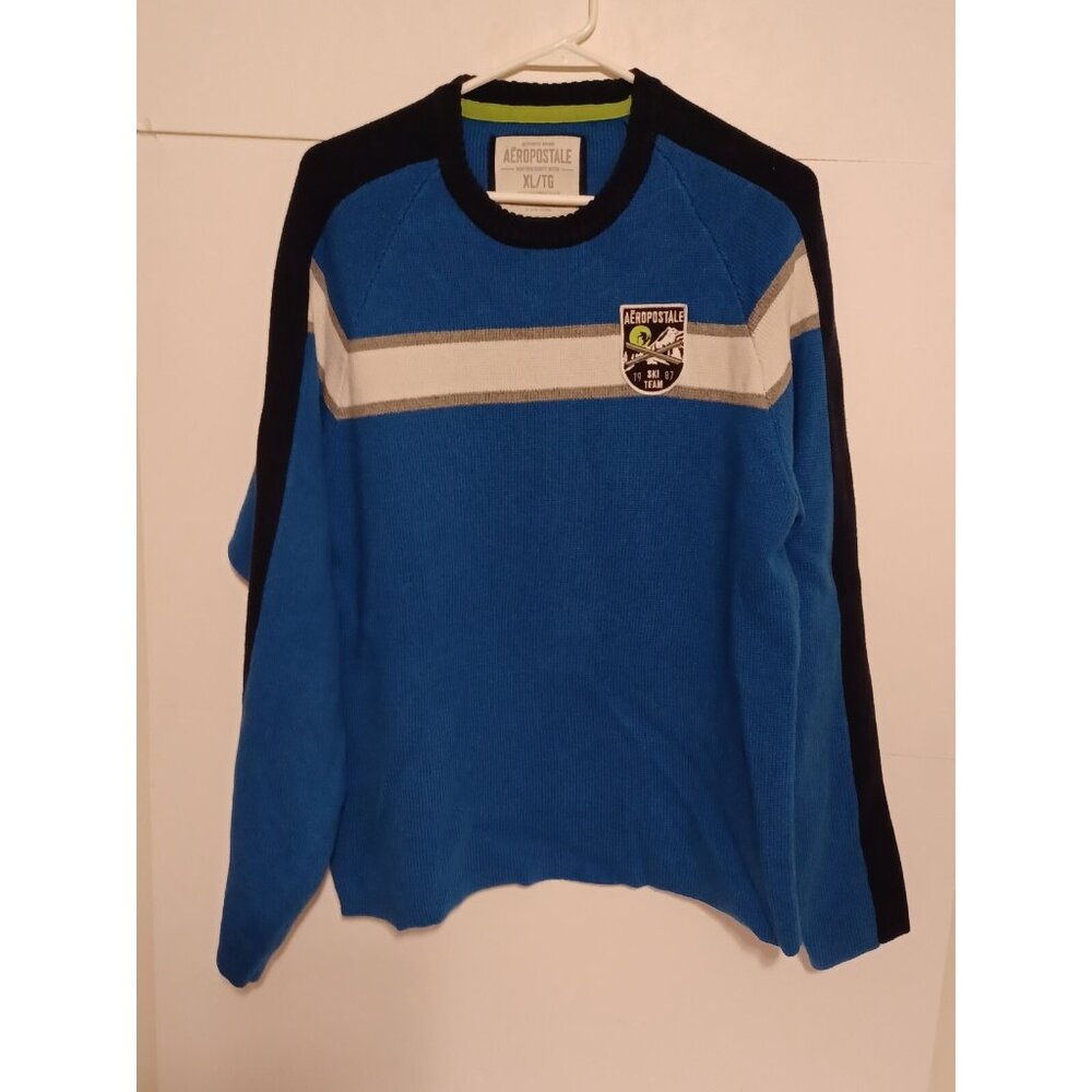 Aeropostale Men's Large  Blue Sweater Stripe Ski Team 1987 Patch